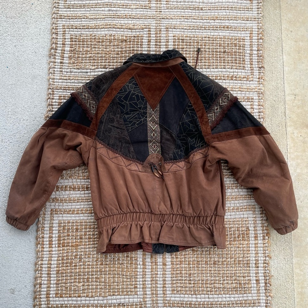 Vintage Winlit Leather Jacket Boho Patchwork Western Distressed Brown 90s